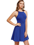 Romwe Women's Sweet Scallop Sleeveless Flared Swing Pleated A-line Skater Dress Blue S