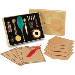 Soghem Feather pen and ink set for calligraphy including Quill pen, wax seal warmer, Ink, Nibs, Wax seal multicolor, Seal Stamp, vintage envelopes and letter paper, tool to open envelope., Green