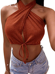Romwe Women's Sleeveless Criss Cross Wrap Backless Halter Crop Tops Burnt Orange L