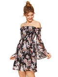 Romwe Women's Sexy Off Shoulder Dress Floral Print A Line Fit and Flare Mini Dress Black XS