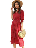 Floerns Women's V Neck Polka Dots Puff Sleeve Ruffle Hem A Line Dress Red S