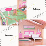 Wooden Dollhouse Dreamhouse with Light, 17pcs Furnitures, Movable Stairs, Pretend Play Toys for Girls & Toddlers, Gift for Ages 3+