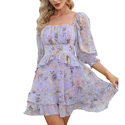 EXLURA Womens Floral Ruffle Sun Dress Sundress Tiered Square Neck Long Sleeve Off Shoulder Smocked Skater Mini Dress Purple