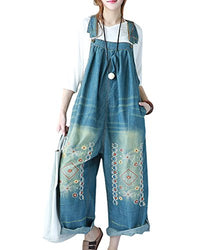 YESNO P91 Women Strap Rompers Jumpsuits Denim Casual Bib Pants Embroidery Distressed Boyfriend Wide Leg (L, P91Typ1 Blue)