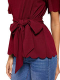 Romwe Women's Bow Self Tie Scalloped Cut Out Short Sleeve Elegant Office Work Tunic Blouse Top Burgundy Large