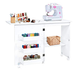 Folding Sewing Table, Sewing Machine Table with Storage Shelves, Adjustable Sewing Craft Cart with Hidden Bins Lockable Casters, Multifunctional Wood Sewing Cabinet Art Desk for Small Spaces, White