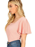 Romwe Women's Summer Ruffle Short Sleeve Slim Fit Casual Blouse Shirts Top Pink L