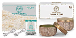 Hearts & Crafts 10-lb. Soy Wax Flakes with 8-oz. Wood Grain Tin Cans, 24-Pack Bundle | with Pre-Waxed Wicks and Centering Devices | Candle Making Kit for DIY Enthusiasts, Creative Hobby for Adults