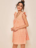 Romwe Women's V Neck Ruffle Smock Summer Boho Dress Top Orange and White S