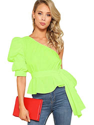 Romwe Women's One Shoulder Short Puff Sleeve Self Belted Solid Blouse Top Neon Lime Large
