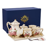 YOLIFE Ivory Ceramic Tea Set, Vintage Tea Set With Teapot,Serving Tray,Teacups,Teaspoons - Service for 4 (Pink Rose)