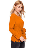 Romwe Women's Bow Self Tie Scalloped Cut Out Elegant Office Work Tunic Blouse Top Orange XX-Large
