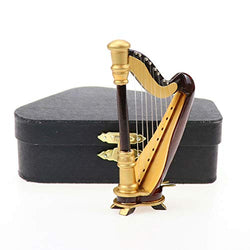 Seawoo Wooden Miniature Harp with Case Mini Musical Instrument Replica Miniature Dollhouse Model Home Decoration (3.54"x1.97"x0.91")