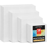 Arteza Canvas Panels Multi-Pack, White Blank Square, 6x6, 8x8, 10x10, 12x12 Inch, Set of 28, 100% Cotton, 12.3 oz Primed, 7 oz Unprimed, Acid-Free, for Acrylic & Oil Painting