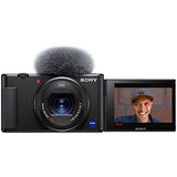 Sony ZV-1 Digital Camera (Black) (DCZV1/B) + 2 x 64GB Memory Card + Case + 3 x NP-BX1 Battery + Card Reader + LED Light + Corel Photo Software + HDMI Cable + Rode Compact Mic + Charger + More
