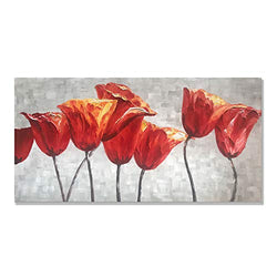 Alenoss 3D Oil Painting Large Abstract Canvas Wall Art 24x48 inch 100% Hand Painted Paintings Lotus Flower/Floral Framed Wall Art Red Artwork for Home Walls Ready to Hang