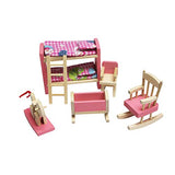 Kisoy Wooden Dollhouse Furniture Set for Kid and Children (6 PCS Including Kitchen Bathroom Bedroom High and Low Bed Living Room Dining Room)