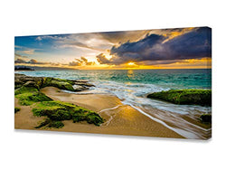 Cao Gen Decor Art-S05474 Canvas Prints Wall Art Beach Sunset Blue Ocean Waves Stretched Nature Pictures Canvas Reef Seascape Painting Wooden Framed for Living Room Bedroom Kitchen and Office Artwork