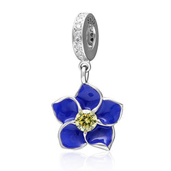 Orchid Charm 925 Sterling Silver with Transparent Cz Stone and blue Flower Pendant Charm fit Charms