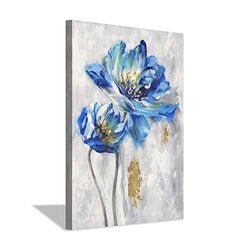 Blue Floral Canvas Wall Art: Abstract Flower Picture Artwork Hand Painted Painting for Wall (36'' x 24'' x 1 Panel)