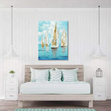 Abstract Seascape Canvas Wall Art - Hand Painted Textured White Sailboats in Ocean with Gold Foils Embellishment Artwork Painting for Living Room (30'' x 40'' x 1 Panel)