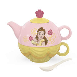Zak Designs Disney Princess Sculpted Ceramic Set with Lid, Pot, Cup, and Spoon Perfect for Kids' Tea Parties and Stackable for Storage, 4-Piece, Beauty and the Beast-Belle