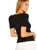 Romwe Women's Elegant Short Puff Sleeve Knit Summer V-Neck T-Shirt Tops Black Medium