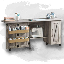 Wooden Folding Sewing Cabinet, Multifunction Large Sewing Craft Table with Storage Shelves and Lockable Casters, Space-Saving Wood Sewing Furniture for Small Spaces, Farmhouse Style