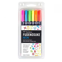 Tombow 56437 Fudenosuke Neon Brush Pen, 6-Pack. Hard Tip Fudenosuke Brush Pens in Assorted Neon Colors for Calligraphy and Art Drawings