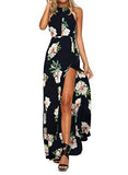 ZESICA Women's Halter Neck Floral Print Backless Split Beach Party Maxi Dress, Dark Blue, Small
