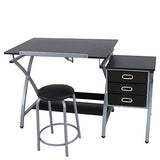 HomGarden Adjustable Drawing Desk Drafting Table Folding Art Craft Table Station w/Stool and 3 Storage Drawers