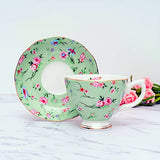 LanHong 6 Ounces Tea Cup and Saucer Set Floral Tea Coffee Cup with Saucer Bone China Teacup and Saucer Set Gift for Mom Friend Tea Party (Green-Flower1)