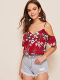 Romwe Women's Elegant Floral Print Cold Shoulder Ruffle Short Sleeve V-Neck Summer Blouse Top Red Medium