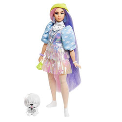 Barbie Extra Doll #2 in Shimmery Look with Pet Puppy, Pink & Purple Fantasy Hair, Layered Outfit & Accessories Including Neon Beanie, Multiple Flexible Joints, Gift for Kids 3 Years Old & Up