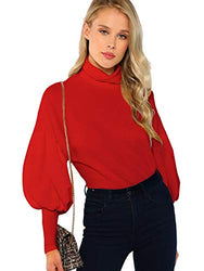 Romwe Women's Casual High Neck Pullover Tops Long Sleeve Sweatshirt Red# M
