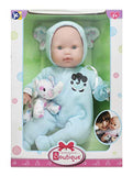 JC Toys 15" Berenguer Boutique Blue Soft Body Baby Doll Open/Close Eyes with Play Elephant Accessory - Perfect for Children 2+