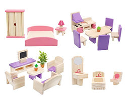 Hiawbon Wooden Classic Doll House Furniture House DIY Accessories Wood Miniature Furniture Set Pretend Play House Furniture Dollhouse Decoration Accessories for Christmas Birthday Gifts,Set B