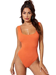 ROMWE Women's Self Belted Square Neck Rib Knit Strappy Back Sleeveless Bodysuit Orange Medium