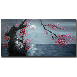 V-inspire Art, 24x48 Inch Hand-Painted Floral Artwork - Plum blossoms blooming under the moon - Chinese Paintings Canvas Wall art for Living room On Bedroom Ready to Hang
