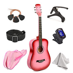 Master-play  Beginner Wood Acoustic Guitar 38” For Boys/Girls/Teens With Accessories Kit, Case, Strap, Pick, Digital Tuner, Extra Strings, Capo, Wash Cloth (Pink Gradient)