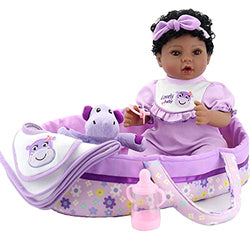 Aori Black Reborn Baby Doll Purple Bassinet 18 inch Lifelke Baby Girl Doll in Soft Vinly and Weighted Body with 8-Piece Gift Set