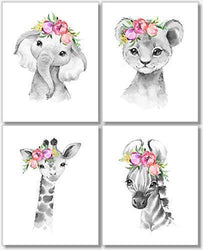 Safari Animals Wall Art Prints - Nursery Decor - Set of 4-8x10 - Unframed - Watercolor