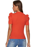 Romwe Women's Elegant Pearl Embellished Puff Short Sleeve Embroidered Blouse Tops (X-Large, Orange)