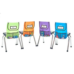 EAI Education NeatSeat Slide Classroom Chair Organizer Small | Oversized Name-Tag Card, Dual Inner Pockets, One of Each Color: Blue, Lime, Orange, Purple, 16" H x 12" W with 1 1/4" Gusset, Set of 4