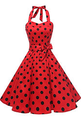 Topdress Women's Vintage Polka Audrey Dress 1950s Halter Retro Cocktail Dress Red/Black Dot M