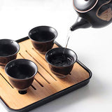Porcelain Tea Set-Tea Set with Lotus Relief, Ceramic Tea Sets Include teapot, Tea cups, Tea canddy, Tea clip, Bamboo Tea tray and Portable Travel Bag (black)
