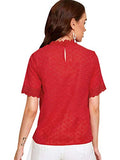 Romwe Women's Short Sleeve Stand Collar Button Embroidery Hollow Out Slim Blouse Top Red M