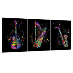 Kreative Arts 3 Piece Music Canvas Art Black Wall Decor Musical Instruments Canvas Prints with Frame for Bedroom Beutiful Music Notes Painting Electric Guitar Harp Sax Framed Posters Ready to Hang