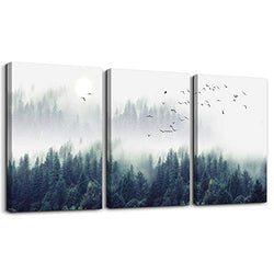 3 Piece Canvas Wall Art for Living Room- wall Decorations for Bedroom Foggy forest Trees Landscape painting- Modern Home Decor Stretched and Framed Ready to Hang pictures- 12"x16"x3 Panels wall decor
