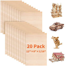 Wortade 20 Pack 12"x 8"Inch Basswood Sheets 1/16 Thin Craft Plywood Sheets, Plywood Board Thin Wood Board Sheets Unfinished Wood Boards for Crafts, Hobby, Model Making, Wood Burning